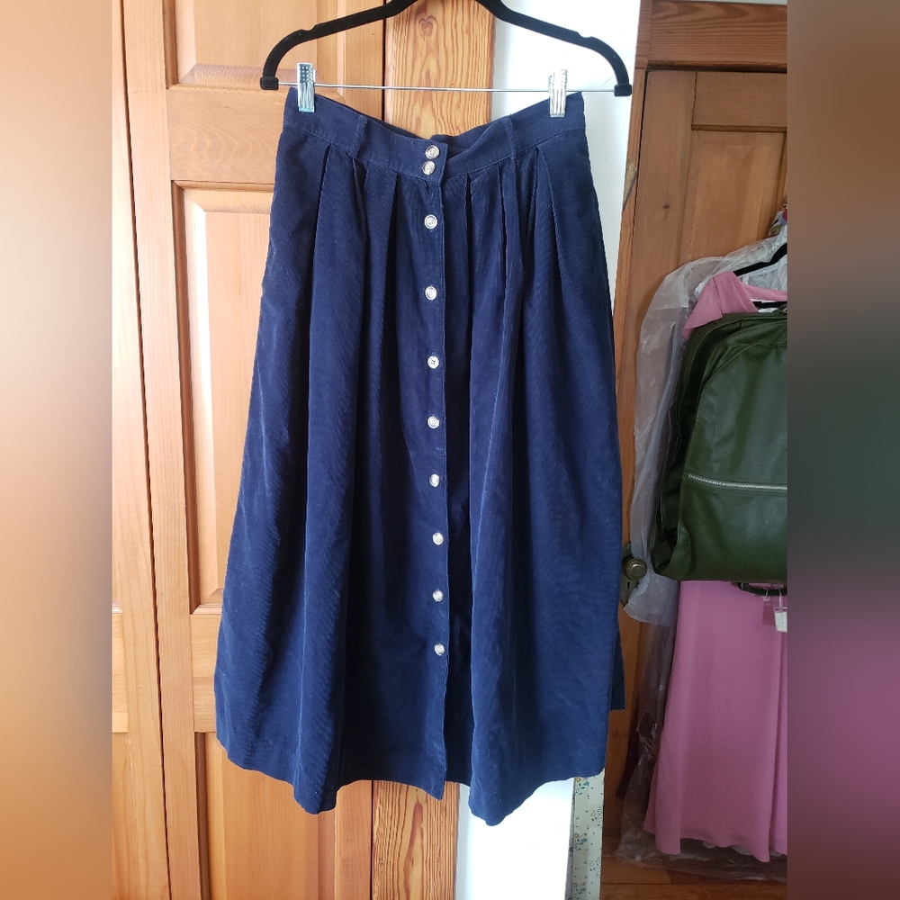 Vintage Eddie Bauer Navy Blue Corduroy Button-Down Maxi Skirt 12